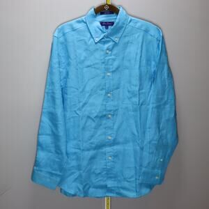 Alan Flusser Aqua Blue 100% Linen Button Down Shirt Size M